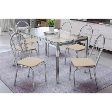 Conjunto Mesa De Cozinha Reno C Tampo Vidro 150cm 6 Cadeiras Holanda Cromada Nude