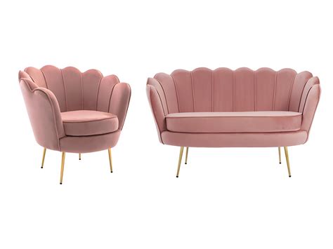 Canapé 2 places et fauteuil coquillage en velours rose DANDELION