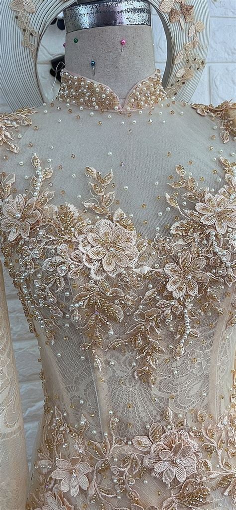 Nude Gold Vietnamese Wedding Ao Dai With Corset Bodice And Lace Optional Head Piece Various