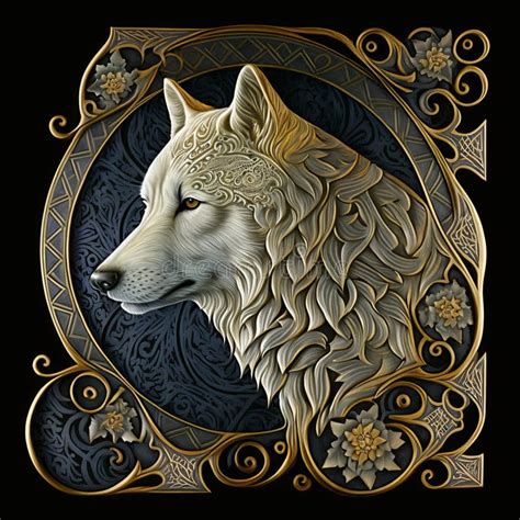 Gold Filigree Inlaid Arctic Wolf Generative Ai Stock Illustration