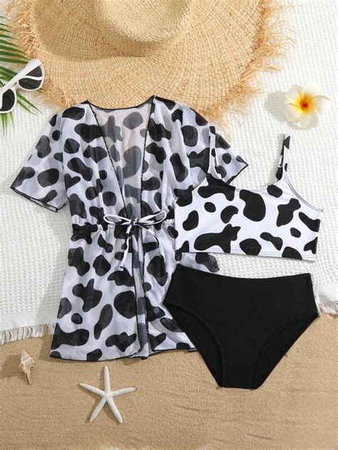 Ni As Ba Ador Bikini Con Estampado De Vaca Con Kimono Moda De Mujer Shein M Xico
