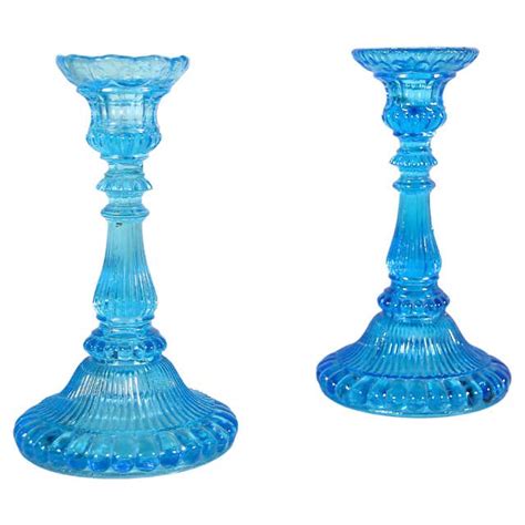 Art Deco Glass Candle Holders Set Of Two Austria Circa 1920 At 1stdibs Blue Glass