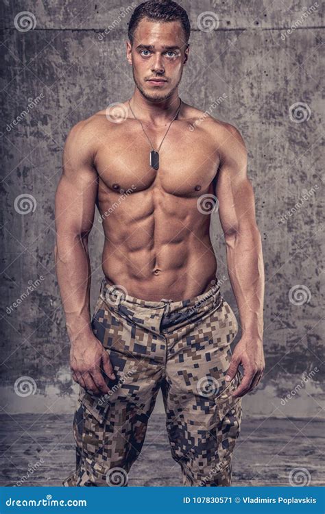 Strong Athletic Man With Naked Body In Military Pants Stock Image Image Of Body Portrait