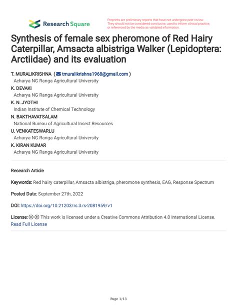 PDF Synthesis Of Female Sex Pheromone Of Red Hairy Caterpillar Amsacta Albistriga Walker