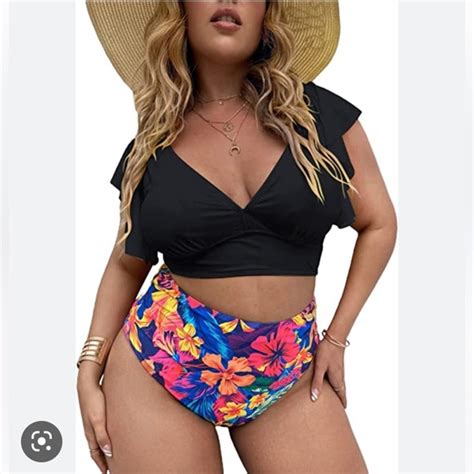 Spotlike Swim Sporlike Ruffle High Waist Swimsuit Two Pieces Push Up Tropical Print Bikini