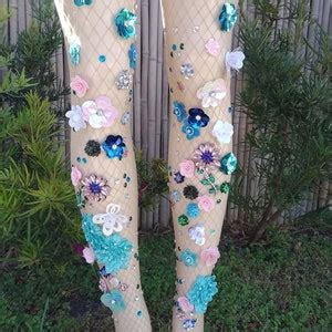 Nude Flower Fishnet Stockings Designer Tights D Handmade Flower Sequins Rhinestone Crystals