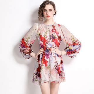 Justina Puff Sleeve Floral Print A Line Dress Yesstyle