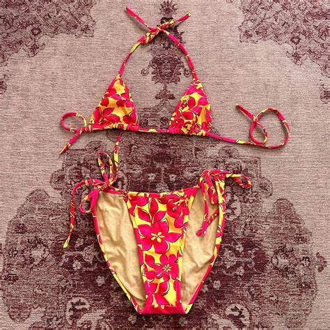 Vintage Floral Hibiscus Flower String Bikini Size S Depop