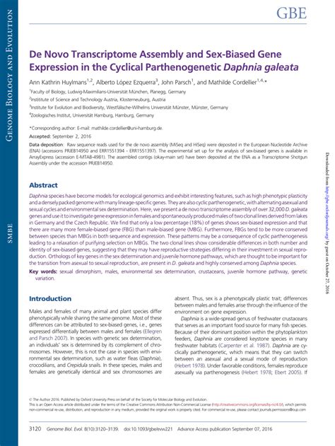 Pdf De Novo Transcriptome Assembly And Sex Biased Gene Expression In
