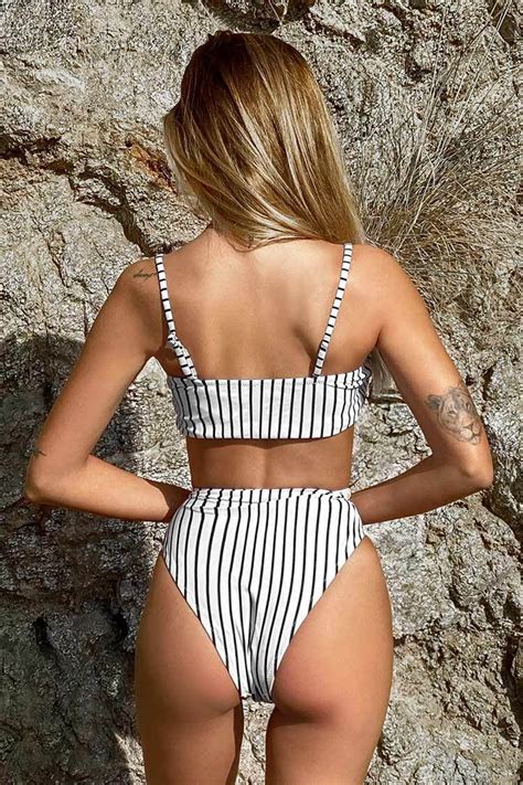 White And Black Stripe High Waisted Bikini