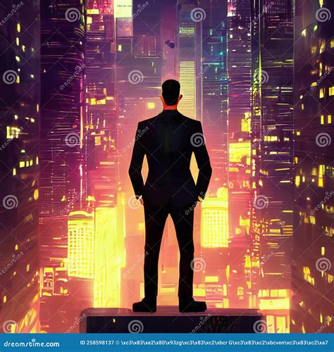 Illustration Of A Businessman Staring At A Cyberpunk City Stock