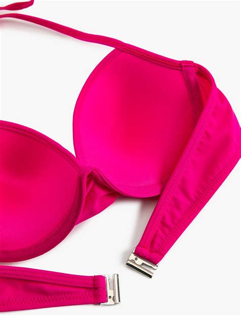 Pembe Kadın Balenli Bikini Üstü Dolgulu Push Up Drape Detaylı Boyundan Bağlamalı SAK MM Koton