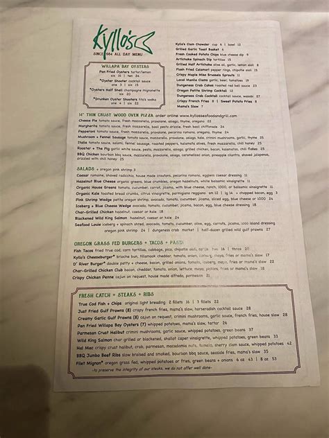 Menu at Kyllo’s Seafood & Grill restaurant, Lincoln City