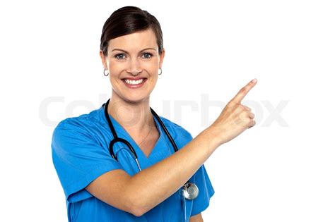 Doktor Weg Zeigt Mit Dem Zeigefinger Stock Bild Colourbox