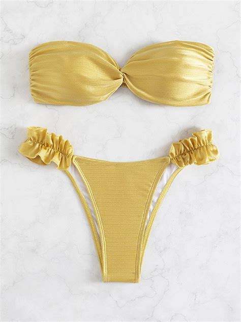 Emmiol Free Shipping Metallic Bandeau Bikini Set Golden L In Bikini Sets Online Store EMMIOL