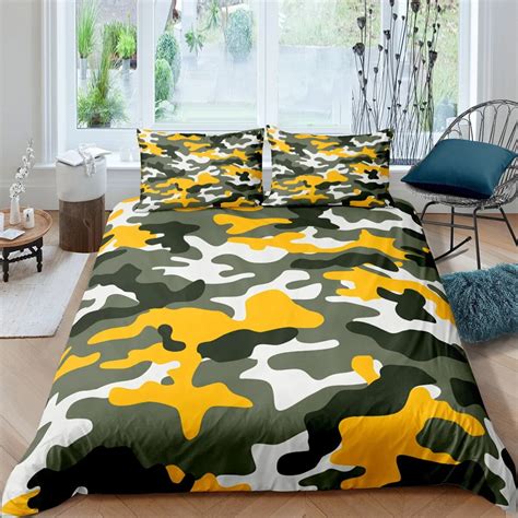 Camo Duvet Cover Set Vibrant Camouflage Lattice Like Service Theme