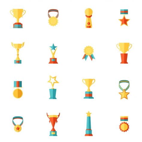 Award Icons Flat Set Of Trophy Medal Winner Prize Champion Cup Isolated