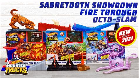 New Monster Trucks Octo Slam Fire Through Sabretooth Showdown Play Set From Hot Wheels