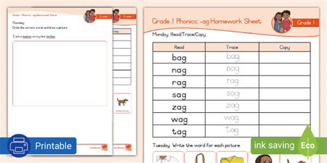 Grade 1 Phonics Ag Homework Sheet Lehrer Gemacht