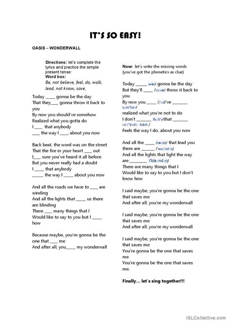 Oasis Wonderwall Simple Present Ac Français Fle Fiches Pedagogiques
