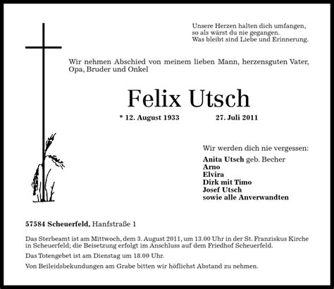 Traueranzeigen Von Felix Utsch Rz Trauer De