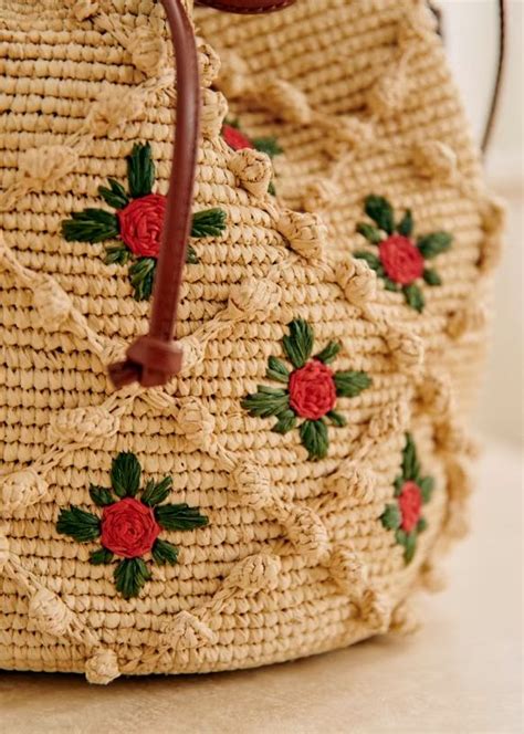 Farrow Bag Red And Multicoloured Embroidered Flowers Raffia Raffia