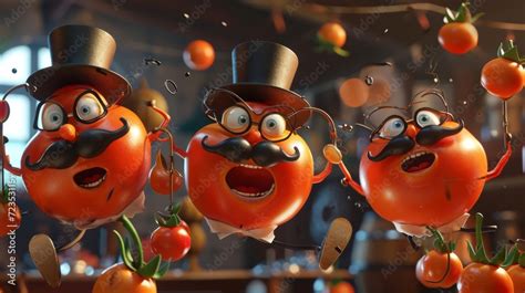 Cartoon Scene In A Comical Twist A Group Of Gylooking Tomatoes Wearing