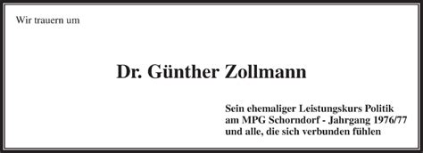 Traueranzeigen von Günther Zollmann ZVW Trauer