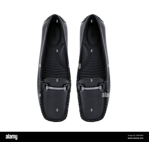 Black Leather Womens Moccasins Isolated On White Background Stock Photo