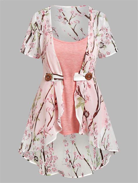 Plus Size Top Vacation Chiffon Irregular Allover Peach Blossom Floral