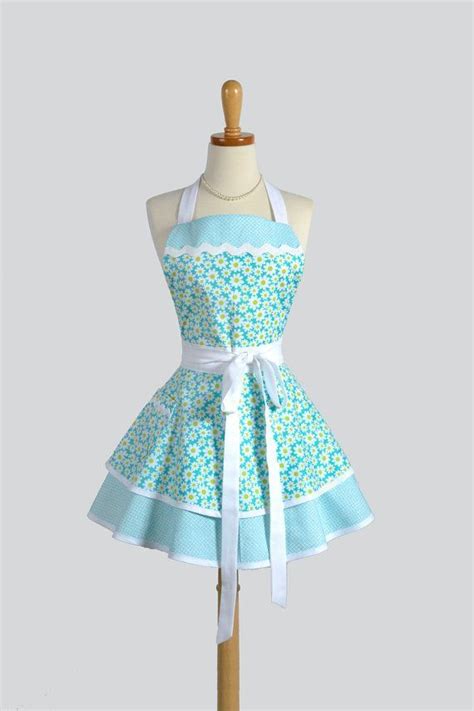 Apron Ruffled Retro Apron Flirty Cute Apron Teal And White Etsy Pinup