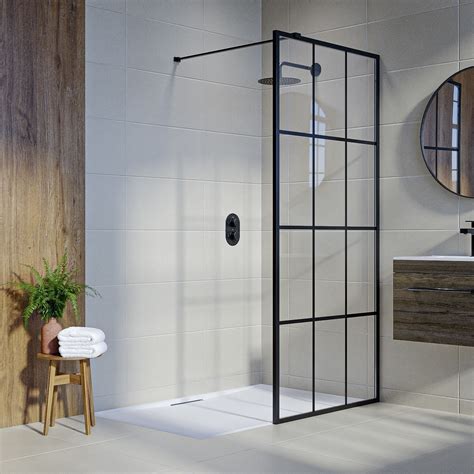 Grade A1 Black 1000mm Grid Wet Room Shower Screen With Wall Support