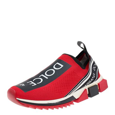 Dolce And Gabbana Red Knit Fabric Sorrento Logo Print Slip On Sneakers Size 43 Dolce And Gabbana