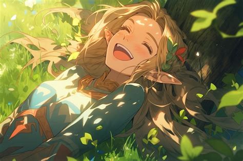 Premium Photo Anime Girl Laying On The Ground In The Grass With Her