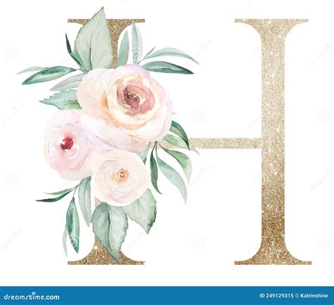 Light Golden Letter H With Watercolor Roses And Leaves Pastel Floral