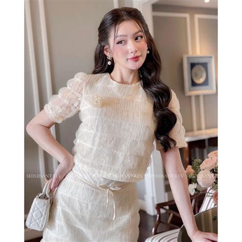 SEDUISANT REV ROSIE tặng kèm tag hoa lụa set ren tơ hoa hồng màu nude tiểu thư Shopee