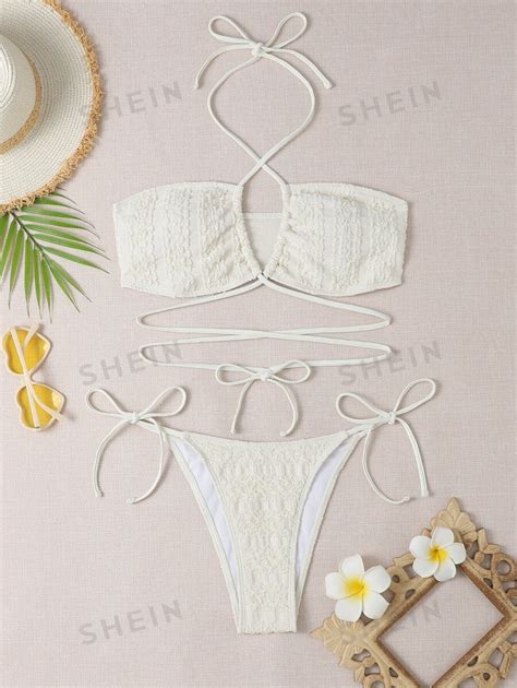 SHEIN Swim Basics Textured Bikini Set Criss Cross Neck Bra Tie Side Bottom Piece Bathing