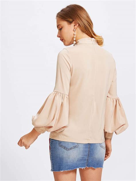 Lantern Sleeve Self Tie Neck Blouse Shein Sheinside