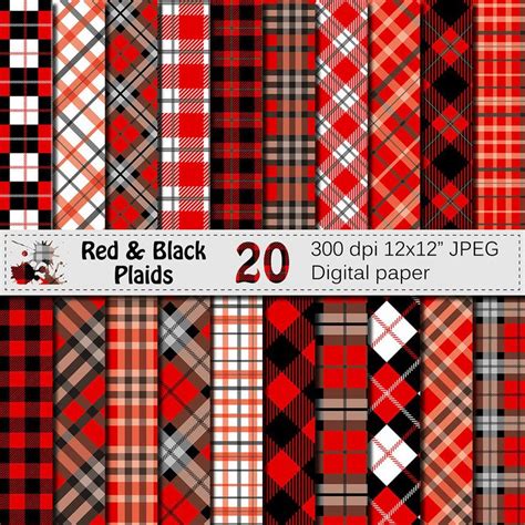 Black And Red Plaids Digital Paper Set Buffalo Plaids Lumberjack