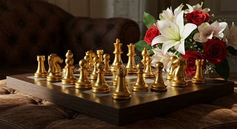 Golden Chess Set and Floral Arrangement a Strategic Game of Chess ...