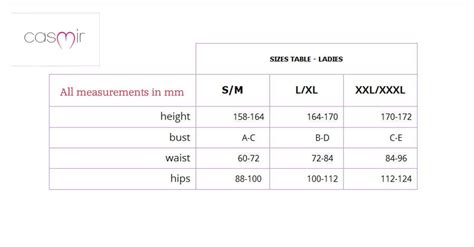 Casmir Size Guide Marys Lingerie