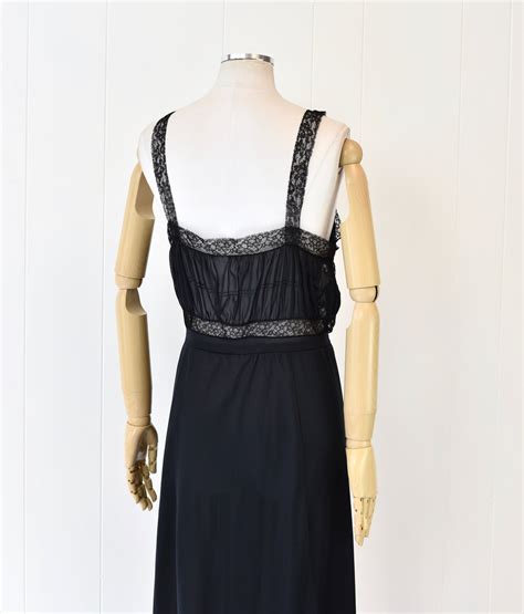 S Van Raalte Black Lace Sheer Nylon Slip Dress Nightgown Boudoir Lingerie Canned Ham Vintage