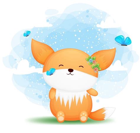 Premium Vector Cute Doodle Baby Fox Playing With Butterfly Cartoon