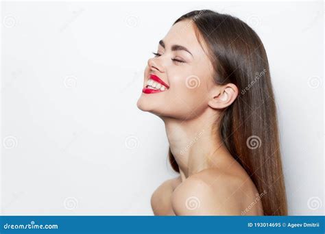 Attractive Woman Naked Shoulders Smile Charm Closed Eyes Fun Skin Care Stock Image Image Of