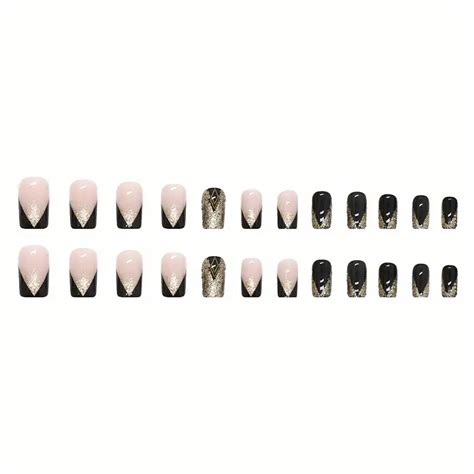 French Tip Press Nails Medium Length False Nails Golden Temu Australia