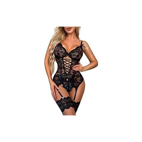 Evelife Set Di Lingerie Sexy Da Donna Body In Pizzo Con Polsini Alla Coscia Biancheria Intima