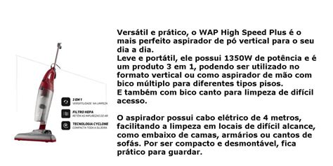 Aspirador de Pó Vertical Wap High Speed Plus 1350W Filtro HEPA