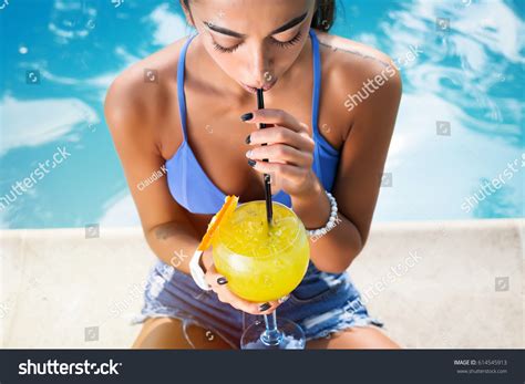 Beautiful Brunette Woman Wearing Blue Bikini Stock Photo 614545913 Shutterstock