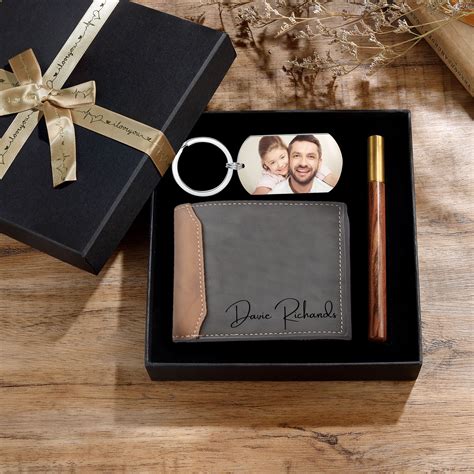 Personalized 2 Texts & 2 Photos Gift Set Wallet & Keychain & Pen Gift