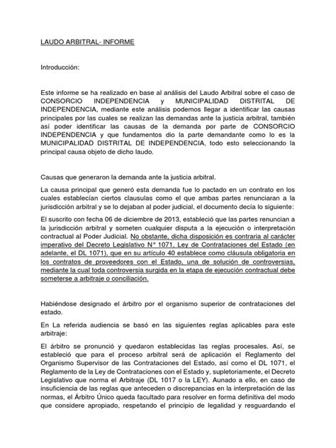 Informe Laudo Arbitral Pdf Arbitraje Jurisdicción